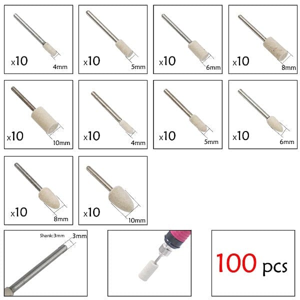 Tooltos Jewelry Tool 100pcs Multifunctional Wool Felt Mandrel Mounted Grinding Polishing Set