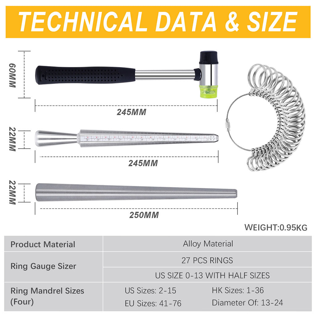 Tooltos Jewelry Tools Tooltos 4PCS Ring Sizing Jewelry Making Kit Ring Sizing Mandrels Ring Sizing Gauges Rubber Hammers